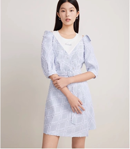音儿2024夏季新款蓝白条纹菱格衬衫式假两件连衣裙LC34205100