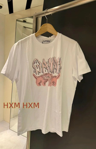 XM现货~GANN家24ss春夏T恤女套头亮白色小猫咪图案印花短袖T恤衫