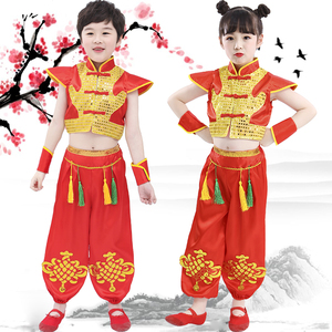 儿童喜庆秧歌表演服男女童打鼓服腰鼓服中国红幼儿太平鼓演出服装