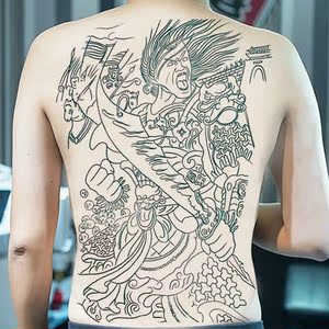 57我是纹画人儿淘宝满背杀神白起善恶半脸佛后背纹身贴防水男女