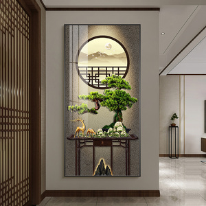 轻奢大气玄关装饰画迎客松玄关走廊过道挂画入户金鹿壁画新中式