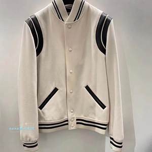 代购 ysl/圣罗兰 22秋冬新款条纹拼接羊毛男女同款夹克棒球服外套