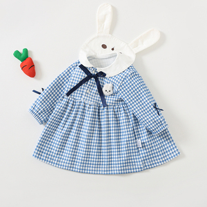 女童秋装纯棉公主裙小童长袖洋气格子连衣裙超可爱小兔婴儿外出裙