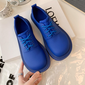 真皮克莱因蓝单鞋女设计感小众圆头绑带小皮鞋粗跟2022新款大头鞋