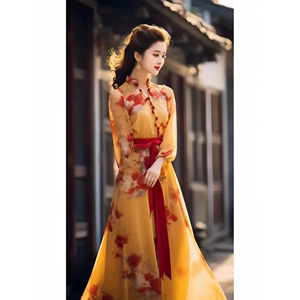 中式女装中国风春季黄色垂坠感印花长袖子连衣裙子气场强大女装潮