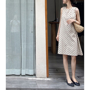 白色波点背心连衣裙女2024夏季韩版小个子圆领无袖短款a字裙子