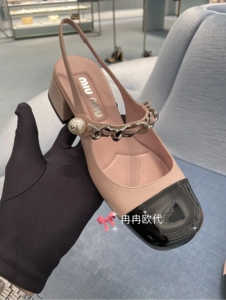 miumiu/缪缪23新款珍珠扣皮革后绑带玛丽珍高跟鞋单鞋凉鞋女鞋