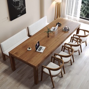 美式复古实木餐桌椅组合原木桌小户型长条沙发客厅餐书桌一体桌子