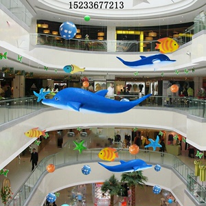 中庭海洋主题氛围挂饰布置节日美陈大型仿真泡沫海豚海鱼吊饰商场