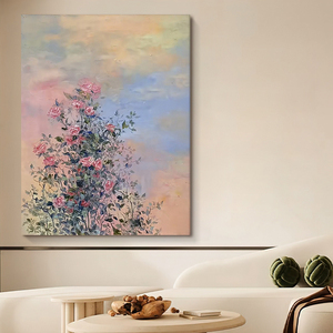 玫瑰花手绘油画田园风复古花卉装饰画客厅挂画玄关莫兰迪色肌理画