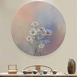 圆形素雅小雏菊手绘油画白色花卉装饰画小清新客厅挂画玄关肌理画
