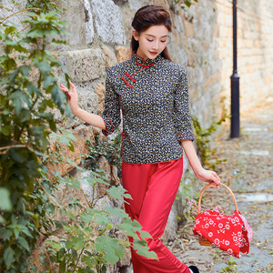 新款小碎花村姑采茶舞服装女阿庆嫂抖音快手网红直播老式怀旧衣服