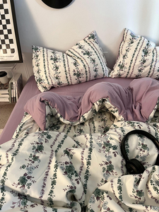 紫色少女心小碎花水洗棉四件套小清新全棉被套床单宿舍三件套床笠
