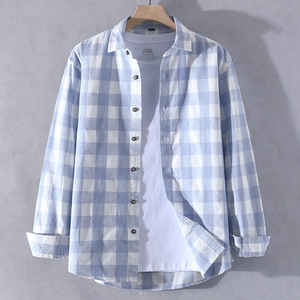 方格子长袖衬衫男100%纯棉高品质衬衣服初中高中学生蓝色春季外套