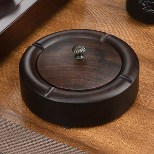 红木烟灰缸黑檀木中式实木带盖大号个性潮流创意花梨木家用客厅版