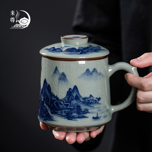 景德镇青花陶瓷泡茶茶杯茶水分离办公过滤带盖瓷杯子家用带把单杯