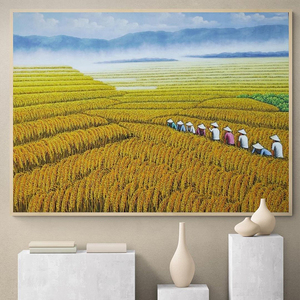 秋天丰收麦田手绘油画金黄麦穗装饰画客厅挂画横版丙烯玄关肌理画
