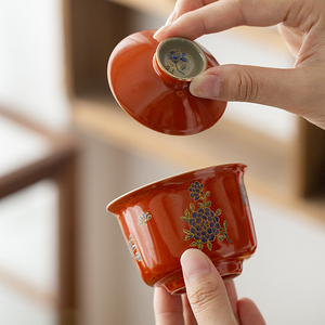 手工色釉盖碗单个茶杯家用陶瓷泡茶二才茶碗带盖子敬茶杯功夫茶具