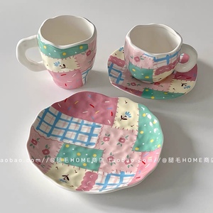 出口韩国可爱彩色拼布不规则陶瓷餐具套装马克杯咖啡杯碟餐碗盘子