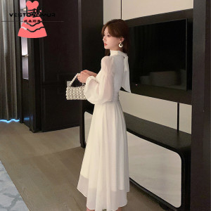 威森莉莫法式仙女连衣裙秋季高级感新款收腰气质长袖a字白色长裙