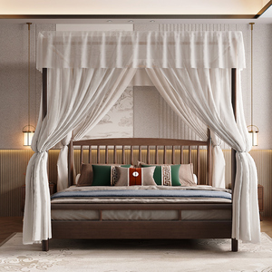 新中式四柱床全实木中古风传统老式床1.8米双人民宿架子床带蚊帐
