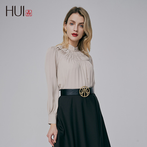 hui卉复古英式宫廷风一寸相思一寸灰晓灰100真丝乔其肌理褶皱衬衫