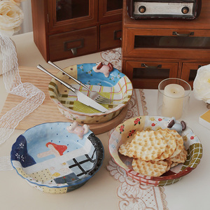 彩釉可爱高颜值日式卡通汤盘烹饪圆形餐具果盘小众设计送礼餐具