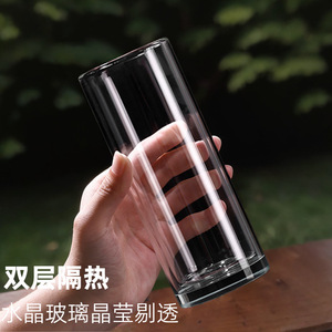 玻璃漱口杯耐高温透明直筒高硼硅无盖玻璃杯双层隔热观山杯子
