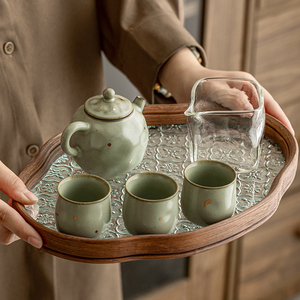 觅己汝窑功夫茶具干泡茶盘小套装家用开片可养茶壶茶杯陶瓷泡茶器