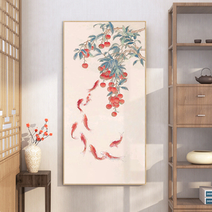 鸿运当头原木风装饰画九鱼图手绘油画新中式锦鲤挂画荔枝水果国画