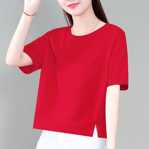 大红色短袖t恤女纯棉夏装高端纯色百搭开叉落肩袖半袖中国红上衣