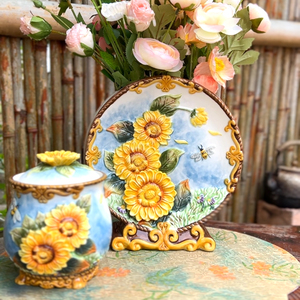 方亚陶瓷太阳花花瓶摆件向日葵茶叶罐精品高档储存罐密封收纳罐