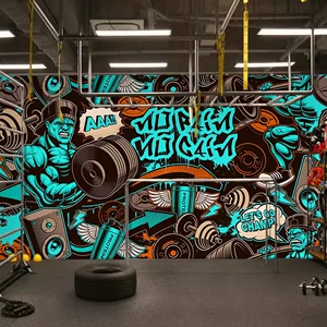 欧美个性涂鸦健身房壁纸街舞俱乐部墙纸手绘工业风体育馆背景墙布