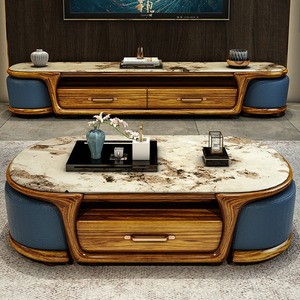 新款中式乌金木大理石方形茶几电视机柜组合现代简约客厅带凳子