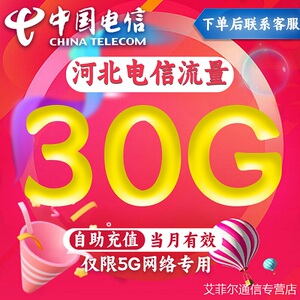 河北电信5G专用网络流量充值30G流量月包通用量叠加油包当月有效