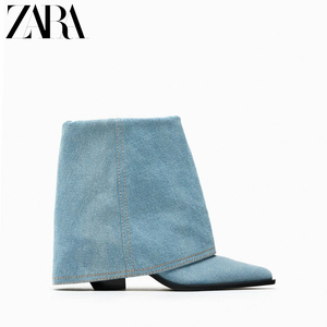 ZARA2023年秋冬新款女鞋蓝色牛仔高跟短靴尖头裤管靴粗跟短筒靴子