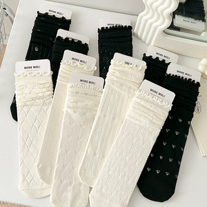日本MUJIΕ白色木耳边堆堆袜中筒夏薄款纯棉纯色玻璃丝网眼长筒袜