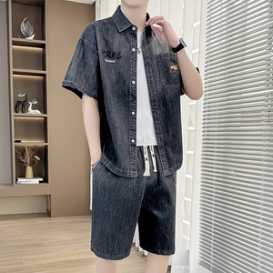 牛仔衬衫男外套夏季潮牌青少年翻领薄款纯色休闲运动短袖短裤套装