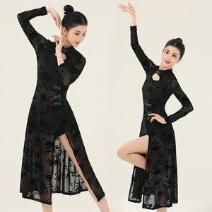 中国风古典舞改良植绒旗袍性感高开叉弹力现代舞蹈服练功演出服装