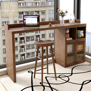 全实木吧台桌带玻璃柜子家用高脚桌椅组合阳台窄桌子带围边长条桌