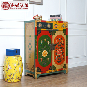 新中式仿古鞋柜实木彩绘玄关柜西藏风明清古典储物复古手绘餐边柜