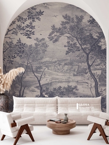 法式树林墙布卧室客厅背景墙壁纸玄关墙纸手绘复古南洋风定制壁布