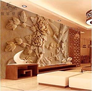 3d立体办公室壁纸中式仿木雕浮雕壁画客厅餐厅无缝墙纸影视墙贴纸