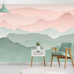 中式水墨彩色山水墙布客厅电视背景墙壁纸小清新墙纸颜色手绘壁画