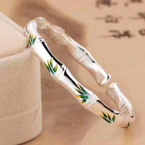 纯银节节高竹叶手镯 足银999女式竹节开口手镯古代古典古风饰礼品