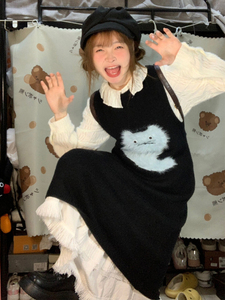 日系甜美小众手绘猫咪图案针织背心连衣裙女小个子秋冬无袖毛衣裙