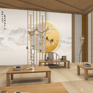 中式古风3d山水墙纸古典中国风花鸟书房茶室壁纸客厅电视背景墙布