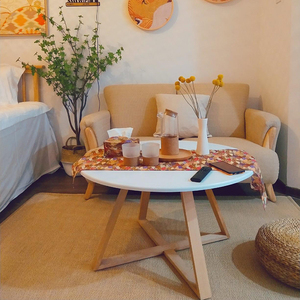 日式实木沙发茶边几客厅家用阳台卧室飘窗白色圆形小矮桌子极简约