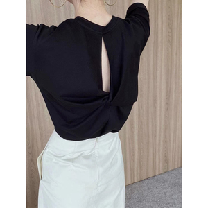黑色短袖T恤女2024夏季设计感小众法式别致宽松镂空露背体恤上衣