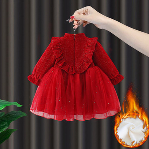 女宝宝新年红色喜庆拜年服加绒韩版女孩3岁女童礼服周岁宴公主裙
